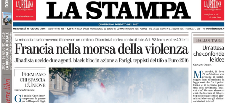Le prime pagine dei giornali mercoledì 15 giugno 2016