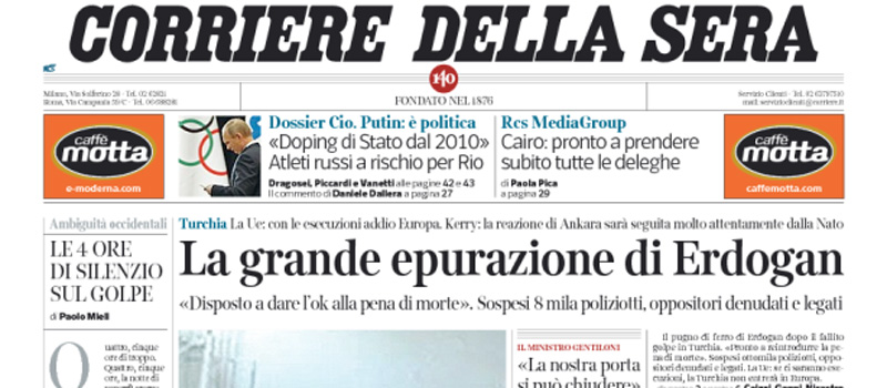Le prime pagine dei giornali martedì 19 luglio 2016