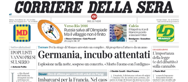 Le prime pagine dei giornali lunedì 25 luglio 2016