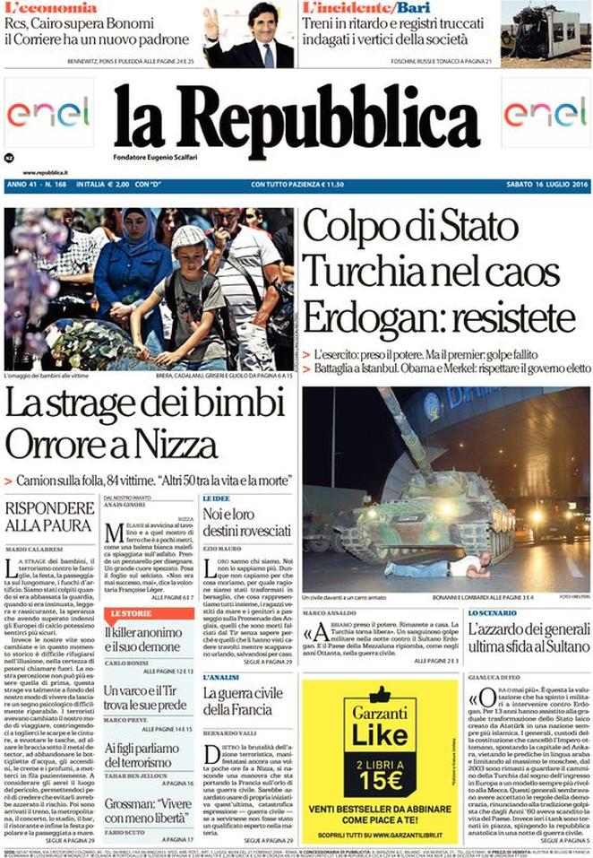 Le prime pagine dei giornali sabato 16 luglio 2016