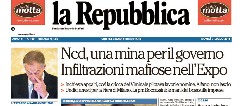 Le prime pagine dei giornali giovedì 7 luglio 2016
