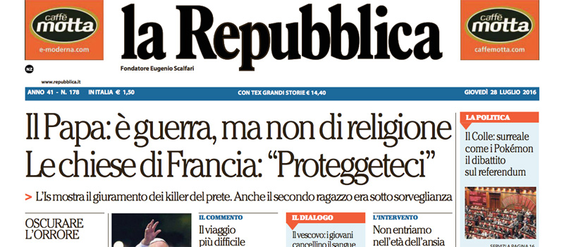 Le prime pagine dei giornali giovedì 28 luglio 2016