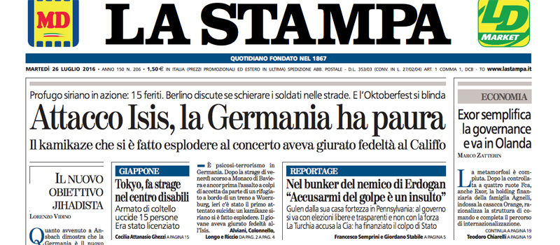 Le prime pagine dei giornali martedì 26 luglio 2016