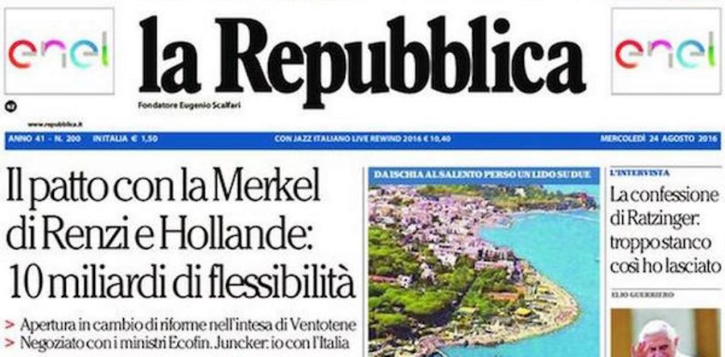 Le prime pagine dei giornali mercoledì 24 agosto 2016