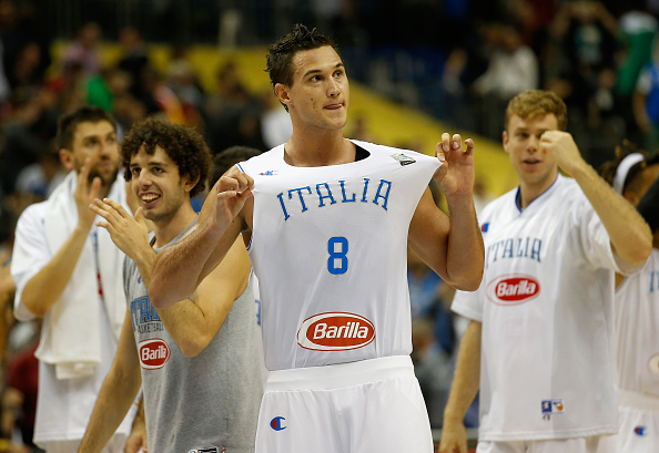 BERLIN, GERMANY - SEPTEMBER 09: Danilo Gallinari (C) of Italy celebrates after winning the FIBA EuroBasket 2015 Group B basketball match between Italy and Germany at Arena of EuroBasket 2015 on September 9, 2015 in Berlin, Germany. (Photo by Boris Streubel/Bongarts/Getty Images)