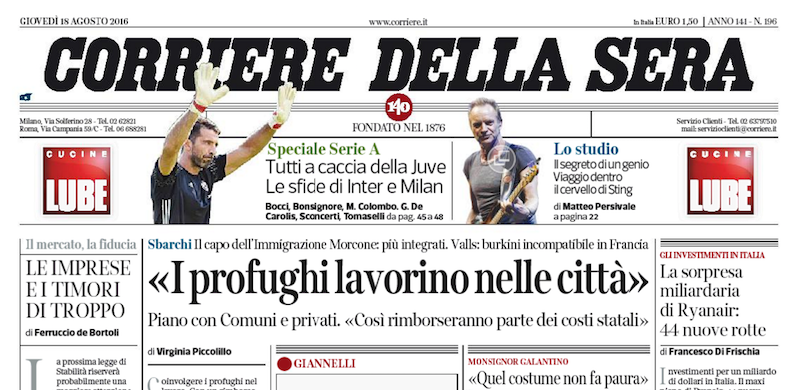Le prime pagine dei giornali giovedì 18 agosto 2016