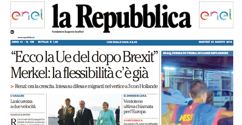 Le prime pagine dei giornali martedì 23 agosto 2016