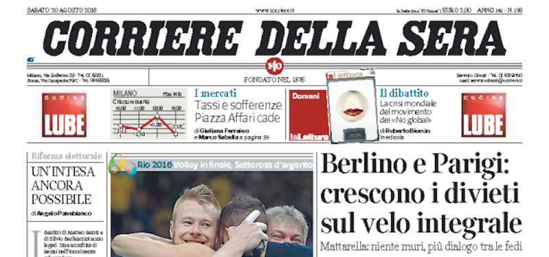 Le prime pagine dei giornali sabato 20 agosto 2016