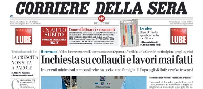 Le prime pagine dei giornali lunedì 29 agosto 2016