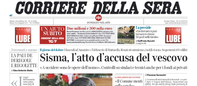 Le prime pagine dei giornali mercoledì 31 agosto 2016