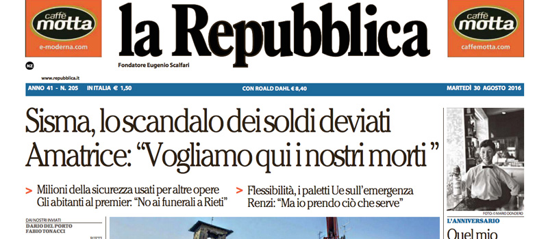 Le prime pagine dei giornali martedì 30 agosto 2016