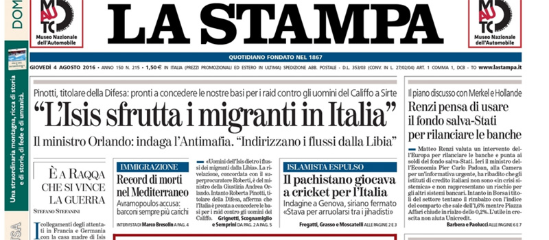 Le prime pagine dei giornali giovedì 4 agosto 2016