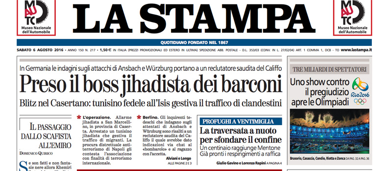 Le prime pagine dei giornali sabato 6 agosto 2016