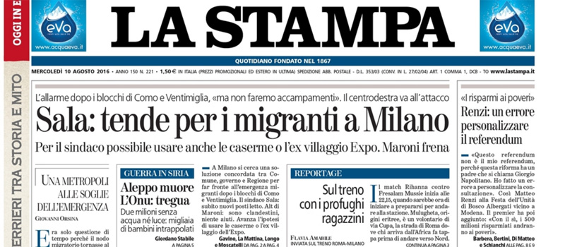 Le prime pagine dei giornali mercoledì 10 agosto 2016