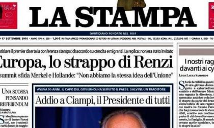 Le prime pagine dei giornali sabato 17 settembre 2016