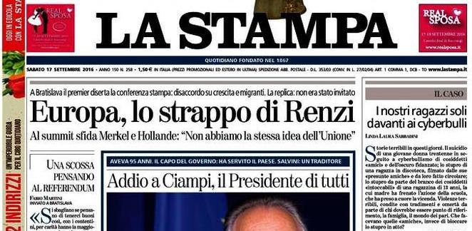 Le prime pagine dei giornali sabato 17 settembre 2016