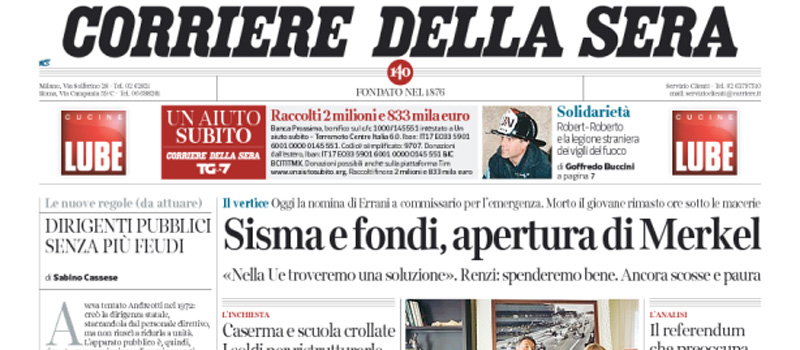 Le prime pagine dei giornali giovedì 1 settembre 2016
