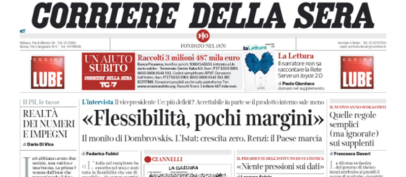 Le prime pagine dei giornali sabato 3 settembre 2016