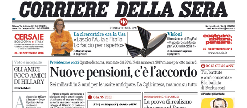 Le prime pagine dei giornali giovedì 29 settembre 2016