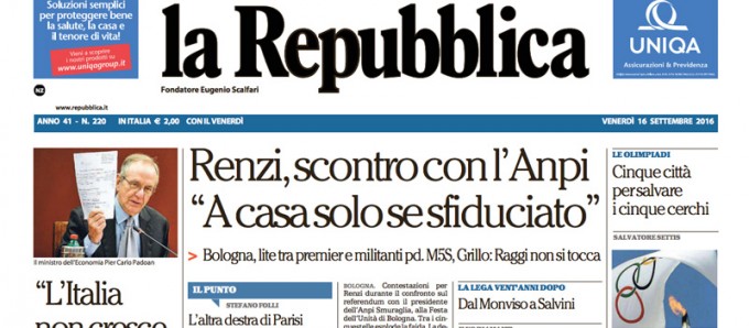 Le prime pagine dei giornali venerdì 16 settembre 2016