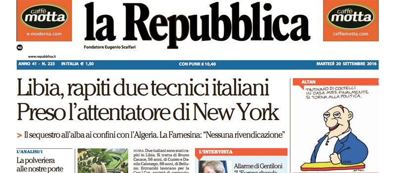 Le prime pagine dei giornali martedì 20 settembre 2016