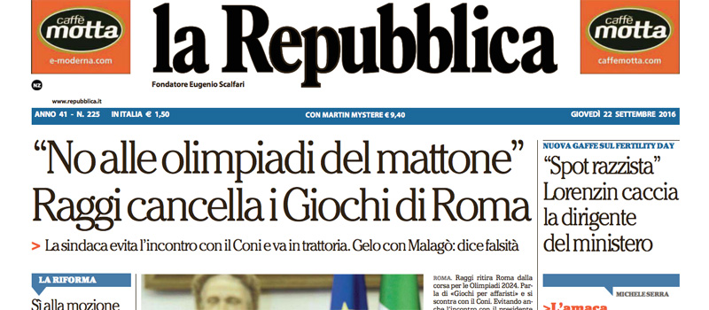 Le prime pagine dei giornali giovedì 22 settembre 2016