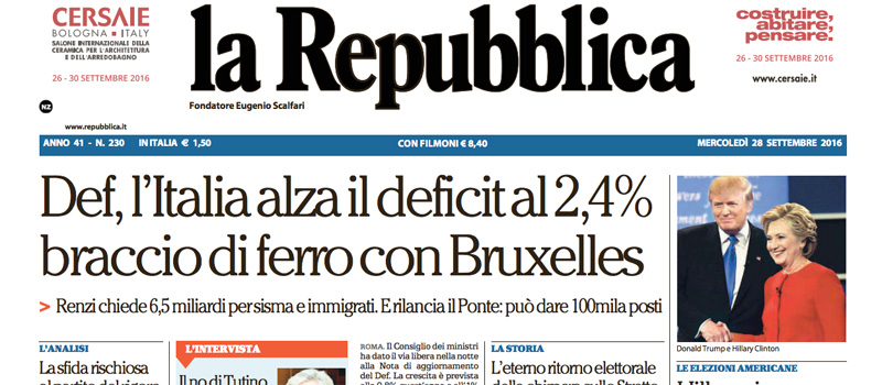 Le prime pagine dei giornali mercoledì 28 settembre 2016