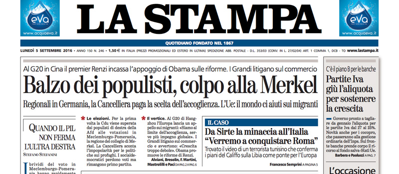 Le prime pagine dei giornali lunedì 5 settembre 2016