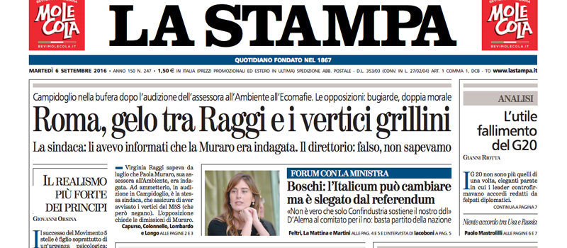 Le prime pagine dei giornali martedì 6 settembre 2016