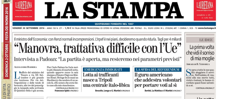 Le prime pagine dei giornali venerdì 30 settembre 2016