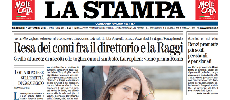 Le prime pagine dei giornali mercoledì 7 settembre 2016