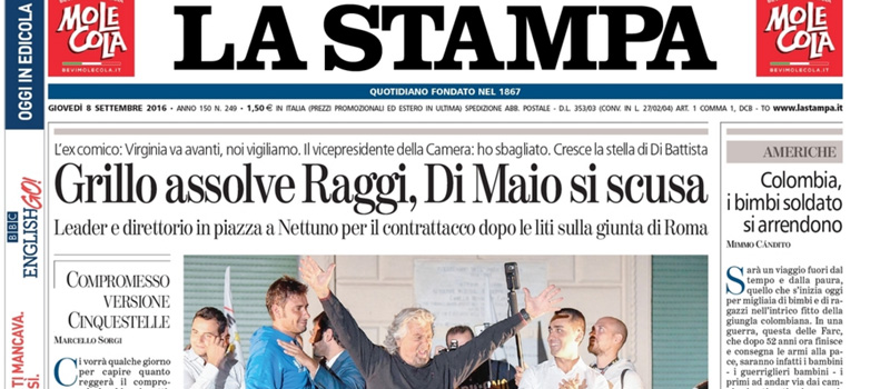 Le prime pagine dei giornali giovedì 8 settembre 2016