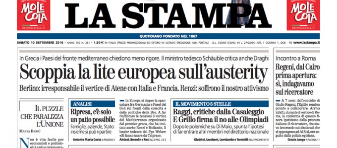 Le prime pagine dei giornali sabato 10 settembre 2016