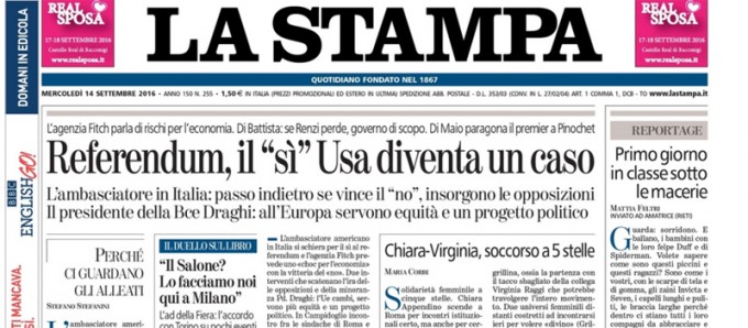 Le prime pagine dei giornali mercoledì 14 settembre 2016