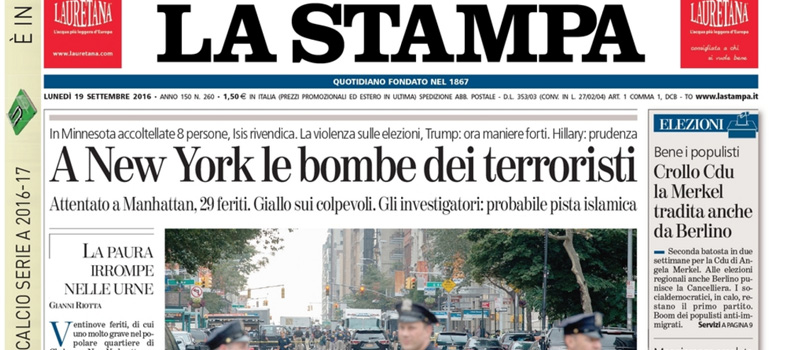 Le prime pagine dei giornali lunedì 19 settembre 2016