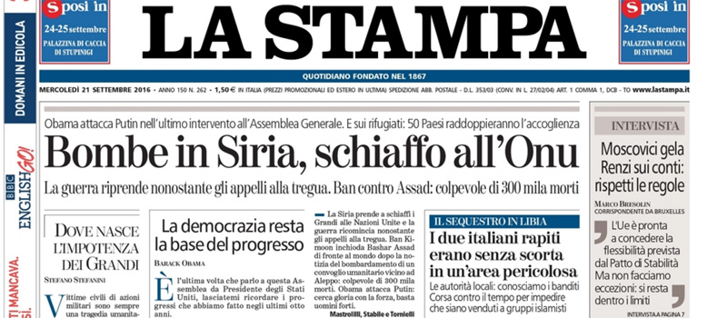 Le prime pagine dei giornali mercoledì 21 settembre 2016