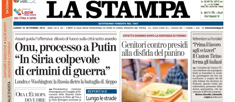 Le prime pagine dei giornali lunedì 26 settembre 2016