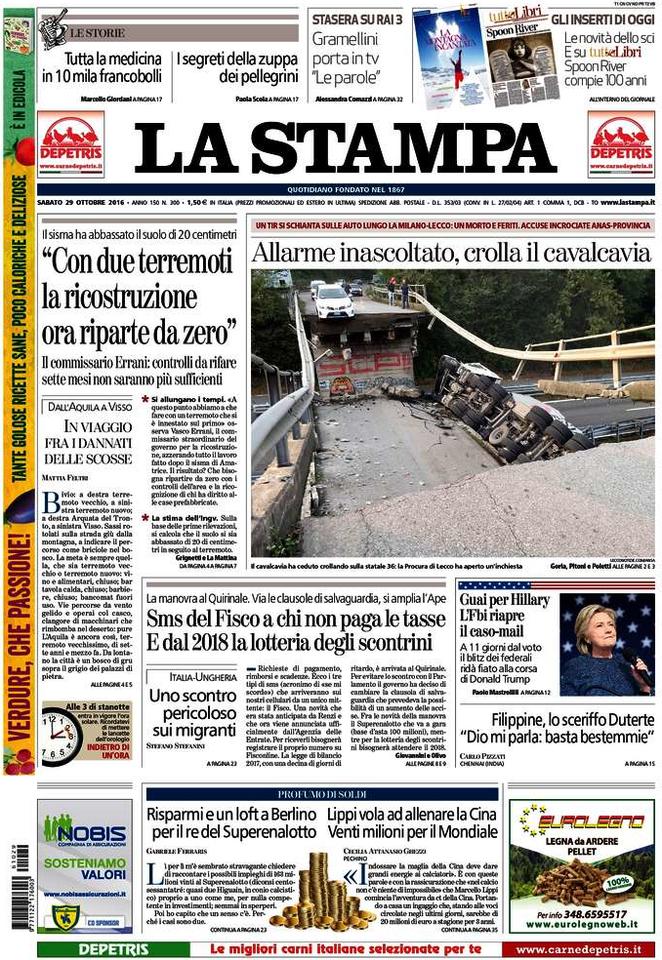 Le prime pagine dei giornali sabato 29 ottobre 2016