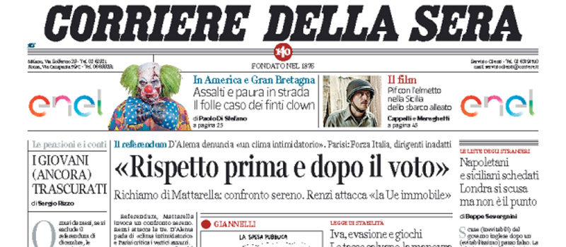 Le prime pagine dei giornali giovedì 13 ottobre 2016