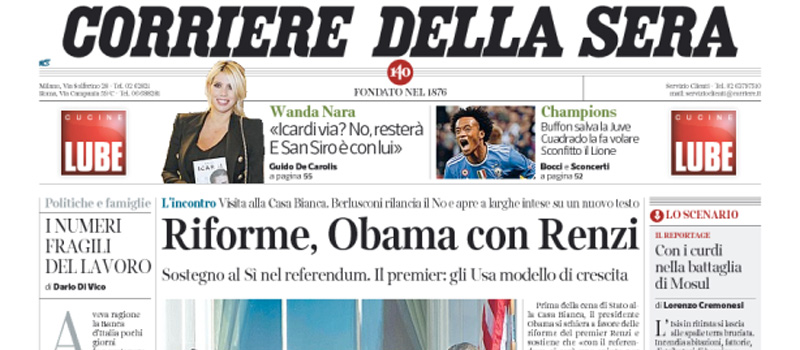 Le prime pagine dei giornali mercoledì 19 ottobre 2016
