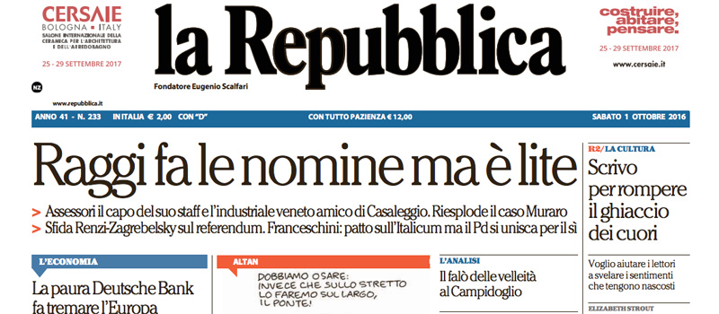 Le prime pagine dei giornali sabato 1 ottobre 2016