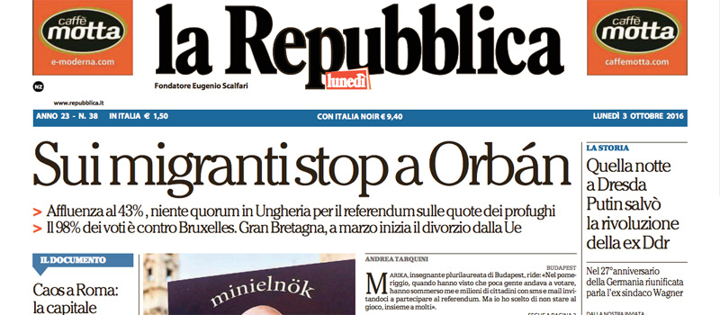 Le prime pagine dei giornali lunedì 3 ottobre 2016