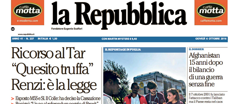 Le prime pagine dei giornali giovedì 6 ottobre 2016