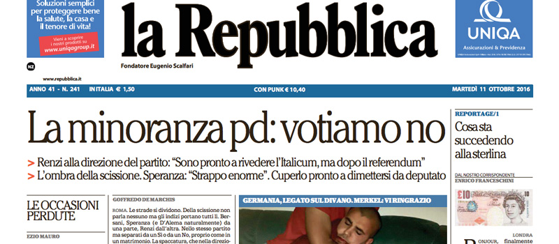 Le prime pagine dei giornali martedì 11 ottobre 2016