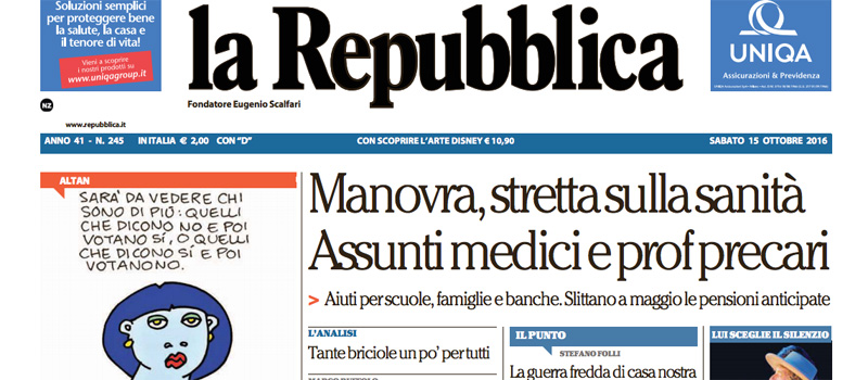 Le prime pagine dei giornali sabato 15 ottobre 2016
