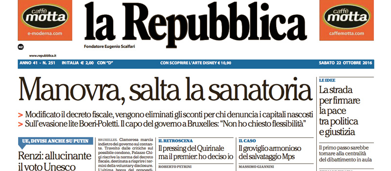 Le prime pagine dei giornali sabato 22 ottobre 2016