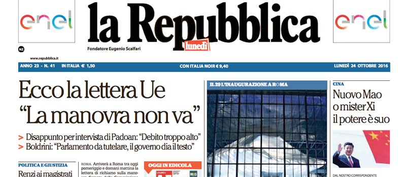 Le prime pagine dei giornali lunedì 24 ottobre 2016