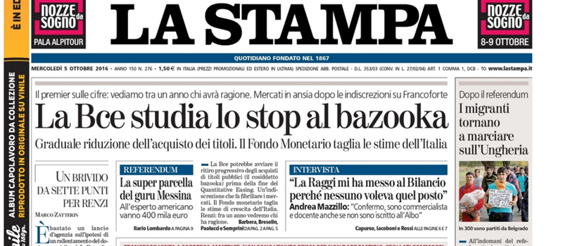 Le prime pagine dei giornali mercoledì 5 ottobre 2016
