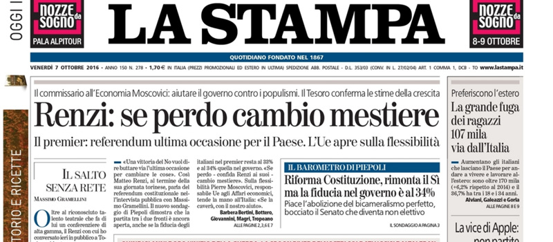 Le prime pagine dei giornali venerdì 7 ottobre 2016