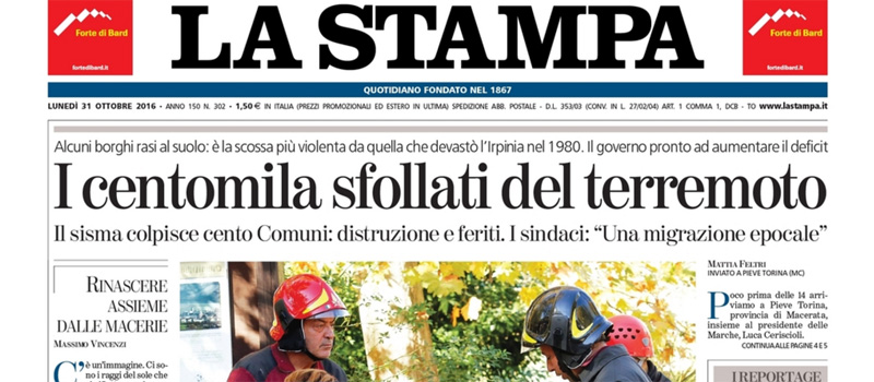 Le prime pagine dei giornali lunedì 31 ottobre 2016